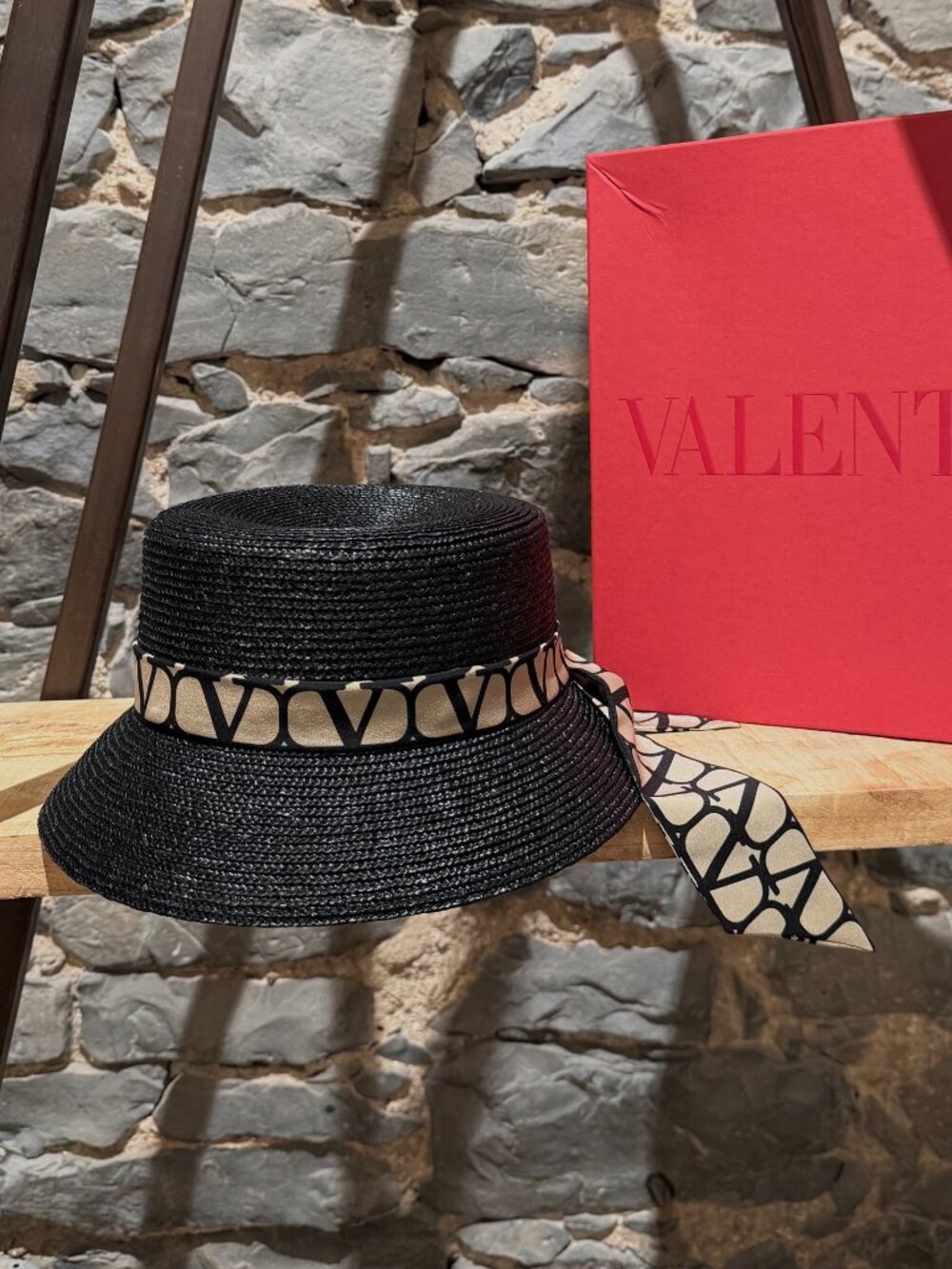 Valentino VLogo Printed Silk-Trimmed Black Straw Iconographe Bucket Hat